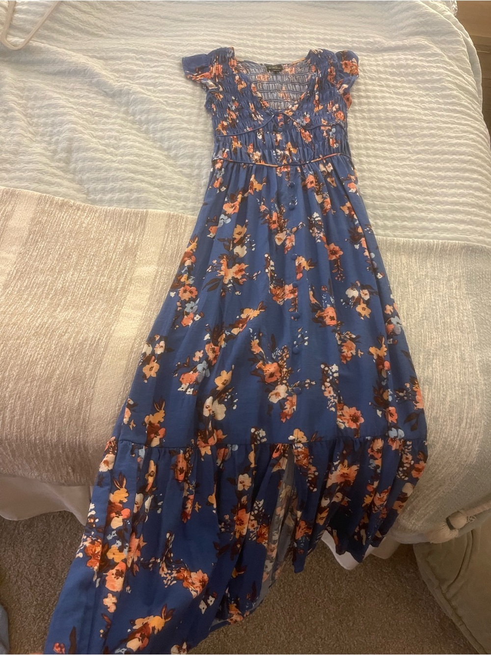 Blue Floral Maxi Dress with Ruffle Hem